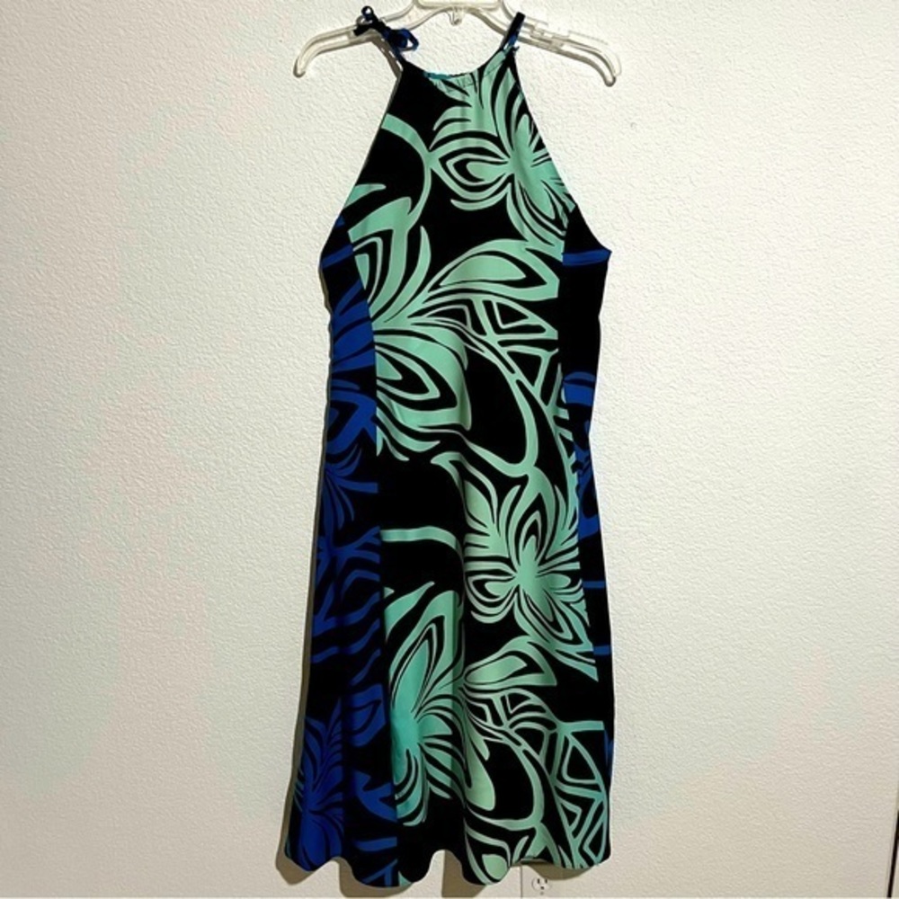 Halter Maxi Dress Psychedelic Motif Pattern Black Blue Green Semi Fitted  L